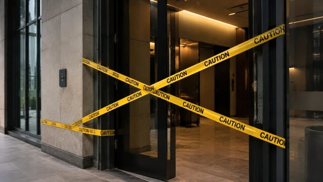 Crossed yellow caution tape blocks the glass doors of an office building entrance, creating a restricted zone against a sunset-lit exterior wall facade