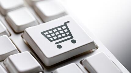 Obraz premium A close-up view of a white keyboard with a shopping cart icon on a key