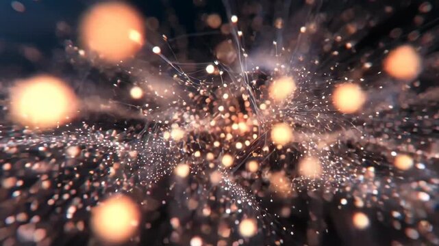 Dynamic glowing particles in abstract style on dark background, concept of energy flow and motion dynamics concept