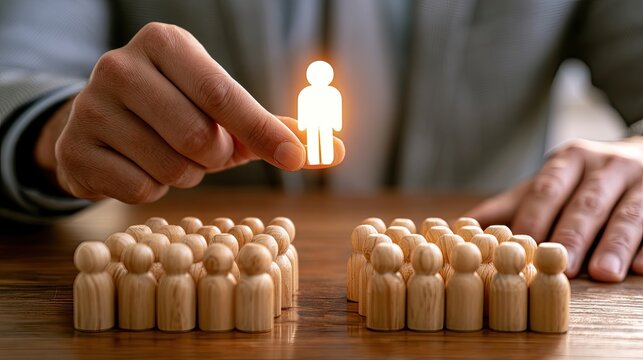 Hand selects glowing figure from mass of wooden peg people