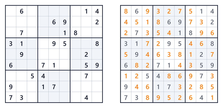 Sudoku puzzles, one solved and one in progress on a light background