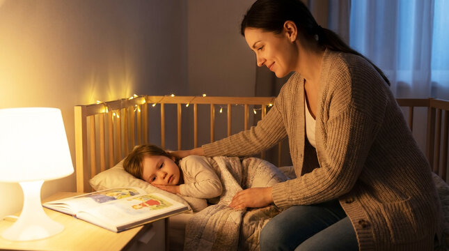 Mother parenting kid at bedtime in a warm dimly lit bedroom