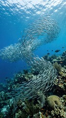 Fototapeta premium School of fish swimming in deep blue ocean water above coral reef. Wildlife in natural habitat for World Oceans Day. Marine life ecosystem, underwater nature discovery and conservation.