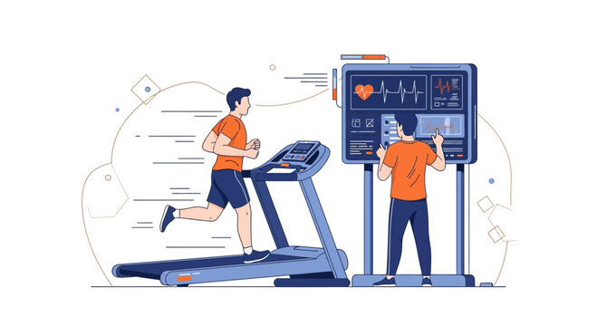 Man running on treadmill with doctor monitoring vital signs on screen
