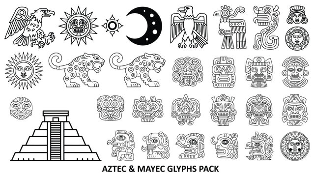 Aztec Mayan Glyphs Symbols Vector with Tribal Patterns Ancient Icons and Mesoamerican Cultural Elements