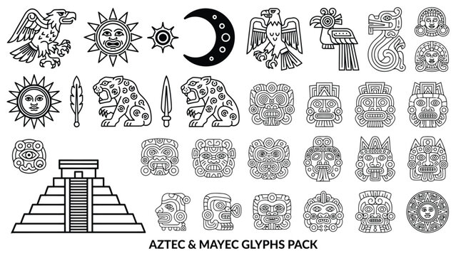 Aztec Mayan Glyphs Symbols Vector with Tribal Patterns Ancient Icons and Mesoamerican Cultural Elements
