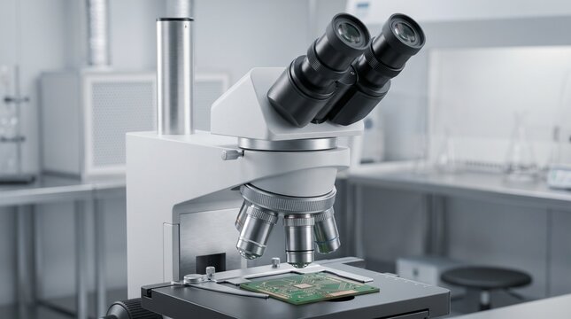Professional microscope examining a green electronic circuit board on a laboratory desk, semiconductor research concept, microelectronics inspection.