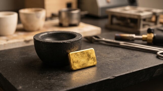Shiny gold bar sitting beside a dark empty crucible on a dark stone workbench in a workshop, wealth generation concept, precious metal craft.