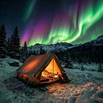 Tent and Aurora: A cozy tent illuminated by the vibrant green and purple hues of the aurora., tent, camping, camp, nature, travel, summer, 