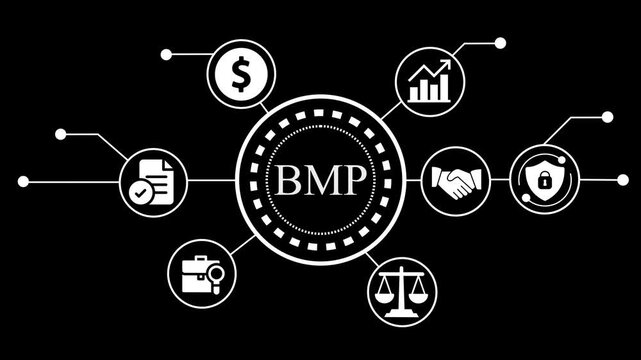 Business management process concept with icons of finance, growth, document, handshake, security, briefcase and law