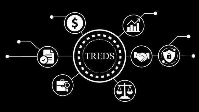 Treds platform concept with business and financial icons on a black background