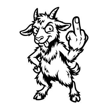 A cartoon goat with a mischievous expression gives the middle finger, its tongue sticking out and one hand on its hip in a defiant stance. vector illustration