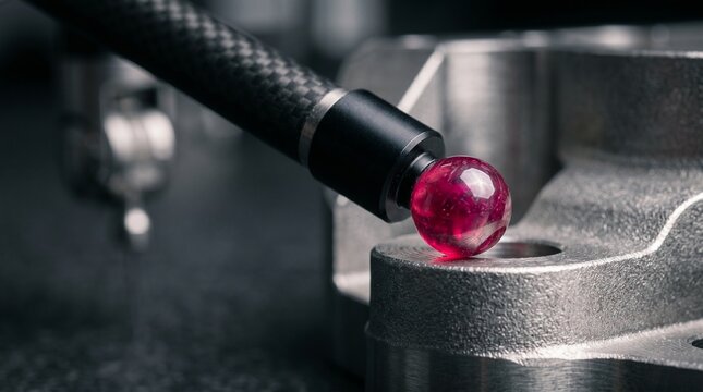 A coordinate measuring machine ruby probe touches a machined metal component on a dark surface, precision engineering, quality control, industrial inspection.