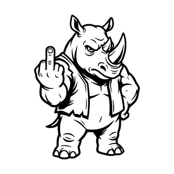 A cartoon rhinoceros in a ripped shirt, with an aggressive expression, raises its middle finger. vector illustration