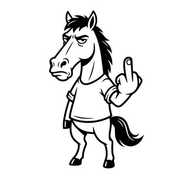 A cartoon horse with a grumpy expression, wearing a t-shirt and raising its middle finger, conveys defiance and rebellion with a bold, illustrative style. vector illustration