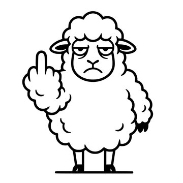 A grumpy cartoon sheep with a weary expression flips the middle finger, conveying a humorous sentiment of defiance or annoyance. vector illustration