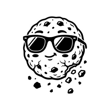 A cool cookie character wearing sunglasses, with a happy face and crumbs breaking off, designed in a graphic illustration style, conveying a fun and lighthearted vibe. vector illustration