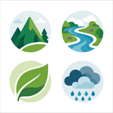 Green Ecology Icons Set Featuring Mountain Landscape, River, Leaf and Rain Cloud