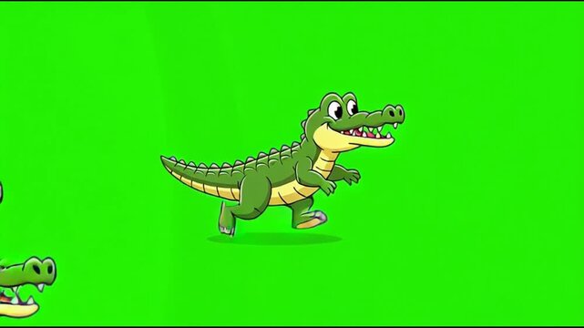 Cartoon green crocodile running animation on green screen