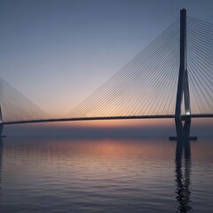Obraz premium Golden sunset over calm water with modern bridge silhouette.