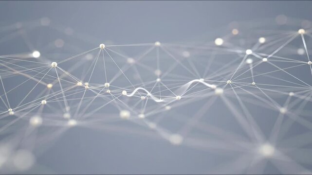 Abstract network of light nodes and lines in minimalistic style on grey backdrop, concept of connectivity and data flow