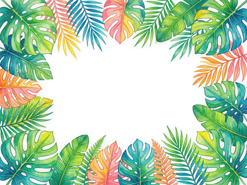 Tropical watercolor leaf border for seasonal artwork and design, isolated on transparent background