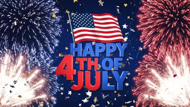 Vibrant fireworks light up the night sky with an American flag and 'Happy 4th of July' message.
