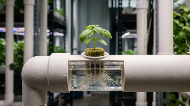 Small green basil seedling growing in a rockwool cube with exposed white roots inside a clear section of a white hydroponic pipe, vertical farming, sustainable agriculture.