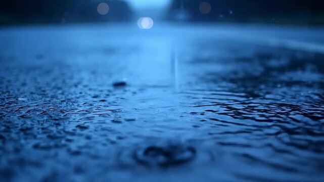 Raindrops falling on a wet road surface with blurred lights in the distance.