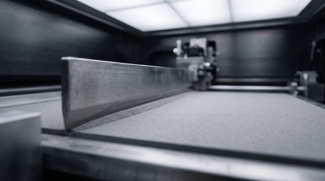 Metal recoater blade spreading a smooth layer of grey powder inside an industrial 3D printer chamber, additive manufacturing process, advanced engineering.