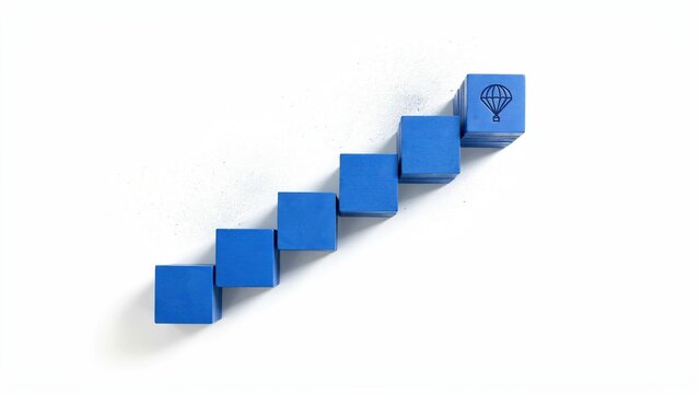 A staircase of blue cubes leads up to a highlighted cube with a symbol on it.