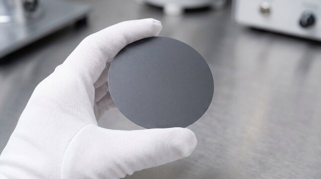 Close-up of a hand in a white glove holding a smooth blank silicon wafer inside a cleanroom, microelectronics manufacturing concept, advanced technology.