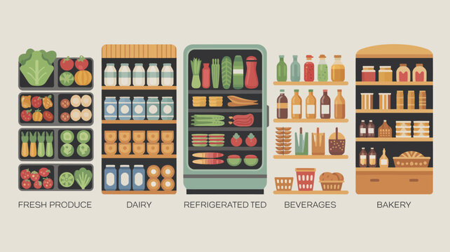 Illustrated grocery store sections with fresh produce, dairy, refrigerated, beverages, and bakery items