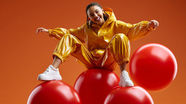Fr&ouml;hliche Frau im gelben Hoodie springt zwischen roten Luftballons