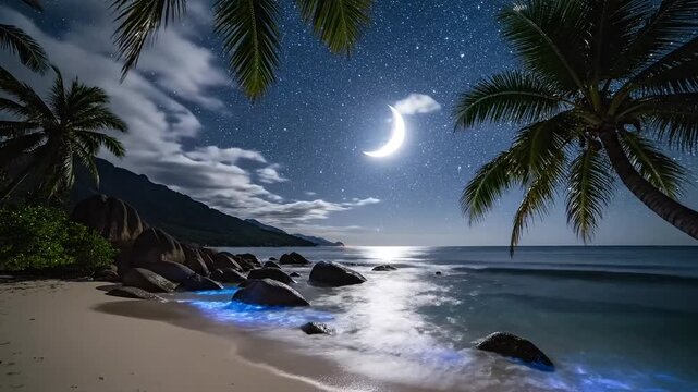 Magical crescent moon illuminates a serene tropical beach with glowing bioluminescent waves under a starry sky.