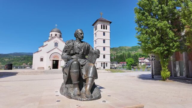 Andricgrad, Visegrad, Bosnia and Herzegovina May 30, 2026 Close view of the Petar Petrovic Njegos monument in front of the Church of Saint Prince Lazar