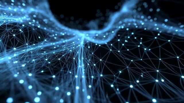 Blue glowing network of connected points in abstract digital style on dark background, concept of data flow and connectivity