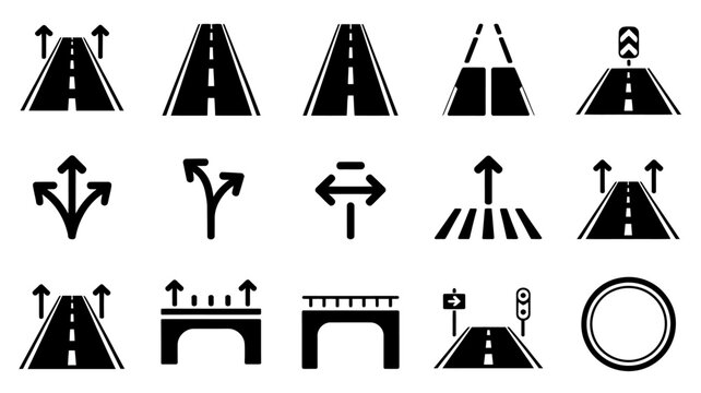Collection of road and traffic sign icons showing directions and warnings
