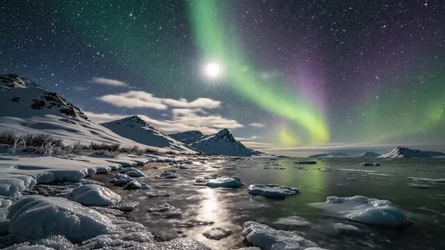 Magical aurora borealis dances across a starry night sky over a frozen, icy landscape.