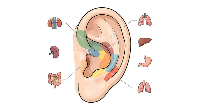 Human ear reflex points illustration with internal organs acupuncture chart