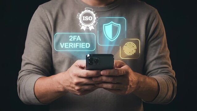 Man Holds Smartphone in Hands to Display ISO Certification Badge, Activate Fingerprint Security, Confirm Two Factor Verification, Show Protection Shield, and Approve Mobile Account Access