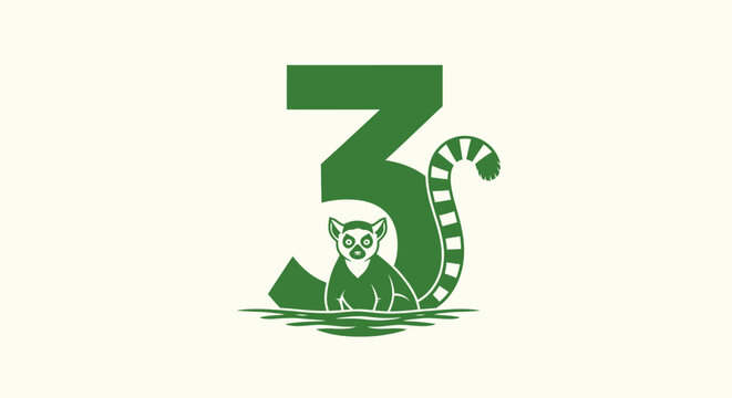Green Lemur and Number Three Illustration.