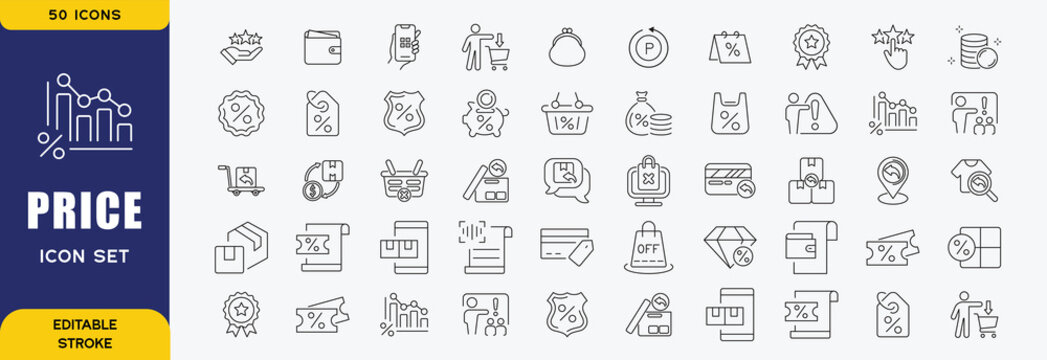 Price line icon set. Includes cost, transfer, payment, price range and more. Editable stroke. Vector illustration.