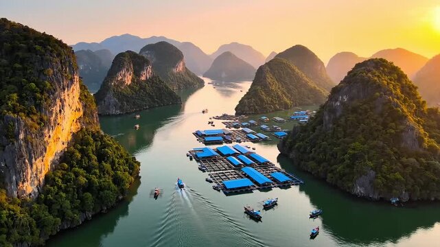 Serene tropical bay with floating villages and lush green karst islands at sunset.