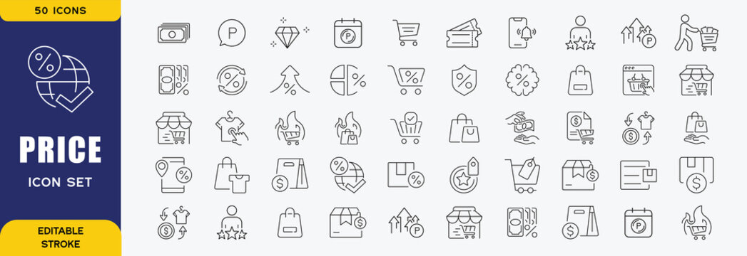 Price line icon set. Includes cost, transfer, payment, price range and more. Editable stroke. Vector illustration.