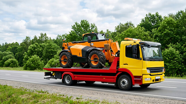 Professional flatbed tow truck transporting heavy telescopic handler machinery on highway
