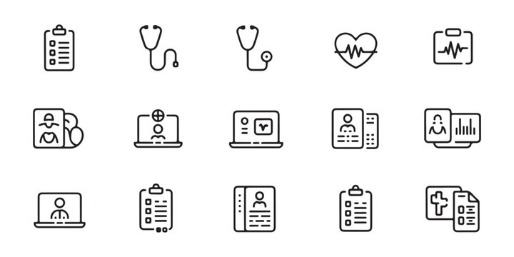 Medical diagnostic icon set featuring stethoscopes heart monitor and healthcare records on background.