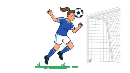 Focused Female Soccer Player Heading Ball Towards Goalpost on Grass Patch, Isolated White Background © Alizay sports