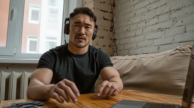 Asian Man Speaking During Online Business Meeting at Home Office Video Conference