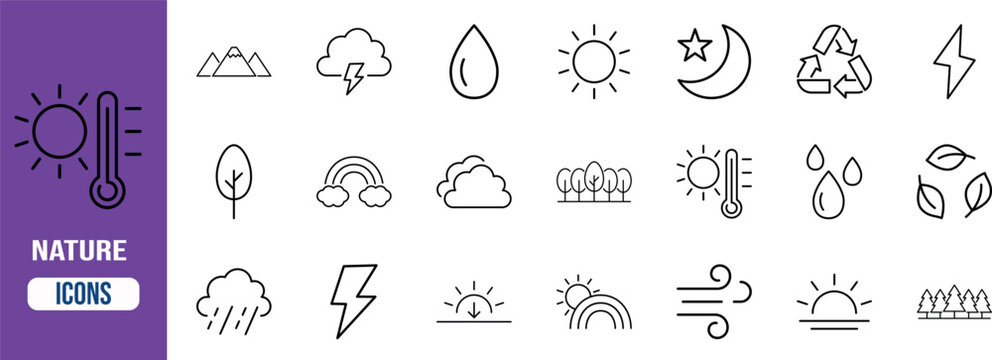 Nature weather environment outline icons. sun icon set, cloud icon set, rain icon set